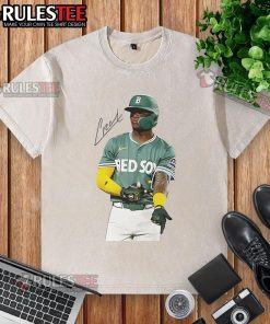 Alt Text: Official Ceddanne Rafaela Boston Red Sox signature washed t-shirt featuring team colors and logo, perfect for fans.