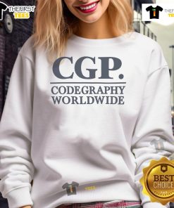 Alt Text: Official CGP Codegraphy Worldwide Sweatshirt displayed on a hanger, showcasing a stylish design and vibrant colors.