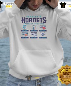 Official Charlotte Hornets History of Team Logos Hoodie showcasing iconic team logos in vibrant colors.
