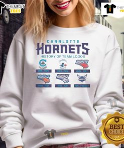Official Charlotte Hornets History of Team Logos Sweatshirt showcasing iconic team logos in vibrant colors.