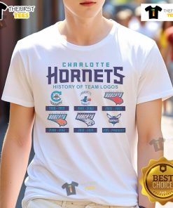 Official Charlotte Hornets History of Team Logos T-Shirt featuring iconic logo designs and vibrant team colors.