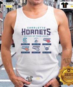 Official Charlotte Hornets history of team logos tank top featuring iconic designs and vibrant colors.