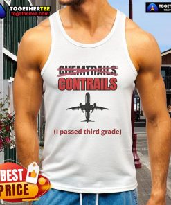 Person wearing 'I Passed Third Grade' tank top, featuring chemtrails and contrails design, outdoors in bright sunlight.