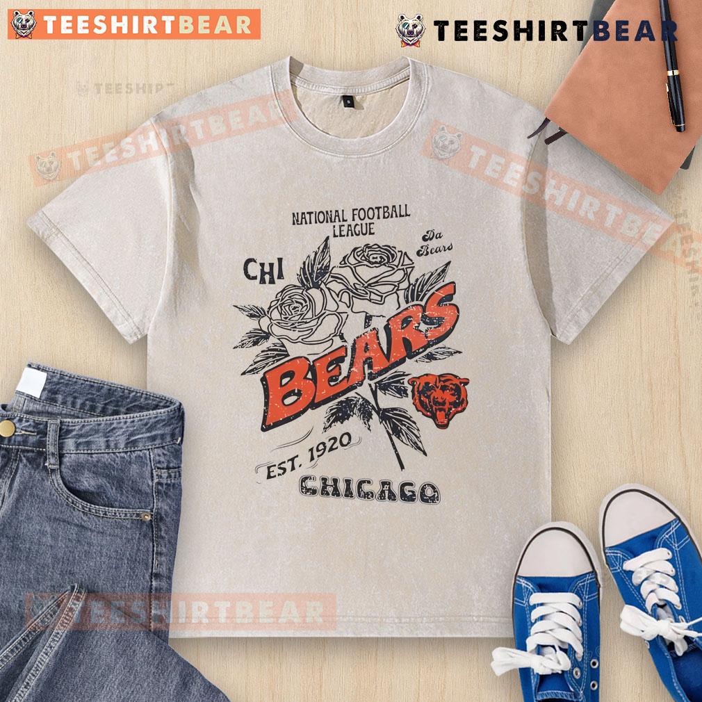 Official Chicago Bears Rose National Football League Est 1920 Washed T Shirt Official Chicago Bears Rose T-shirt, National Football League est. 1920, showcasing team pride and vintage style.