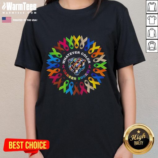 Alt Text: Official Chicago Bears Whatever Color Cancer Sucks Ladies Tee featuring bold graphics to support cancer awareness.