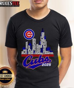 Official Chicago Cubs 2025 Skyline Name T-Shirt featuring the iconic Cubs logo and Chicago skyline design.