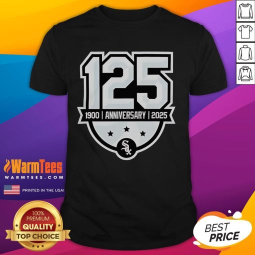 Official Chicago White Sox 125th Anniversary 1990-2025 logo t-shirt featuring team colors and commemorative design.