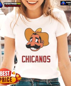 Chicanos Logo Parody Ladies Tee featuring a playful design for stylish casual wear. Perfect for Chicano culture enthusiasts.