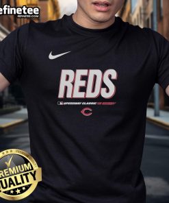 Alt Text: Official Cincinnati Reds 2025 MLB Speedway Classic Wordmark T-Shirt featuring bold team logo and comfortable fit.