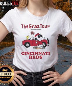 Alt Text: Cincinnati Reds Eras Tour Snoopy Ladies Tee featuring a playful Snoopy graphic for fans and fashion lovers.