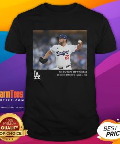 Official Clayton Kershaw Los Angeles Dodgers 3K Career Strikeouts Micro Moments T-Shirt featuring Kershaw's stats and logo.