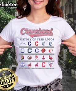 Alt Text: Official Cleveland Baseball History of Team Logos Ladies Tee featuring iconic team logos and vibrant colors.