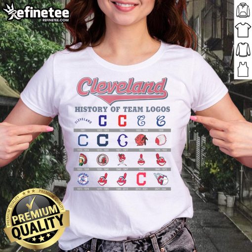 Alt Text: Official Cleveland Baseball History of Team Logos Ladies Tee featuring iconic team logos and vibrant colors.