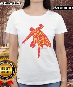 Official Cleveland Birth Place of a Superhero silhouette on a stylish ladies tee, perfect for superhero fans.