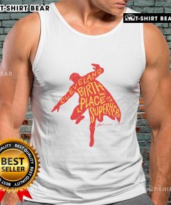 Silhouette tank top featuring the phrase 'Official Cleveland Birthplace of a Superhero' in bold letters.