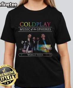 Official Coldplay Music Of The Spheres World Tour 25 Ladies Tee featuring vibrant design and band logo on soft fabric.