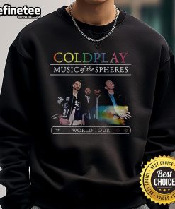 Alt Text: Official Coldplay Music Of The Spheres World Tour 25 sweatshirt featuring vibrant tour graphics and logo design.