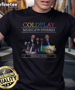 Alt Text: Coldplay Music Of The Spheres World Tour 25 T-Shirt featuring vibrant graphics and tour branding, perfect for fans.