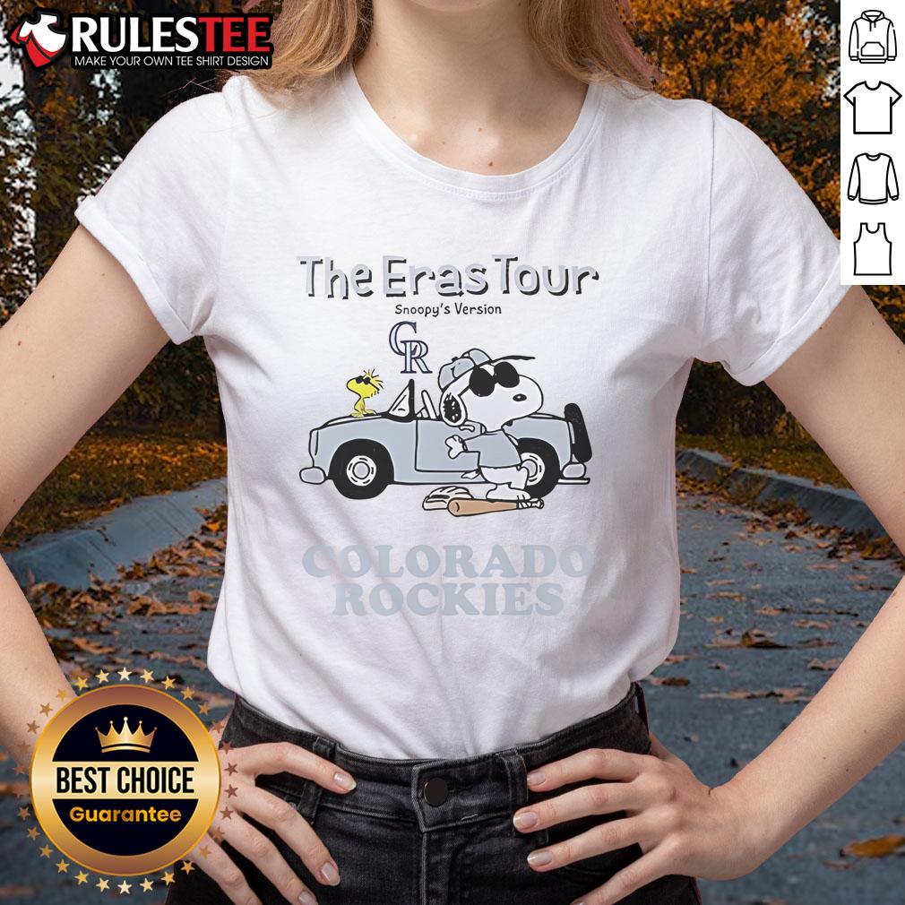 Official Colorado Rockies The Eras Tour Snoopy Ladies Tee Alt Text: Official Colorado Rockies The Eras Tour Snoopy ladies tee featuring vibrant graphics and a stylish design.
