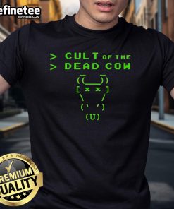 Alt Text: Official Cult Of The Dead Cow T-Shirt featuring unique graphics and bold logo, perfect for fans of cyberpunk culture.