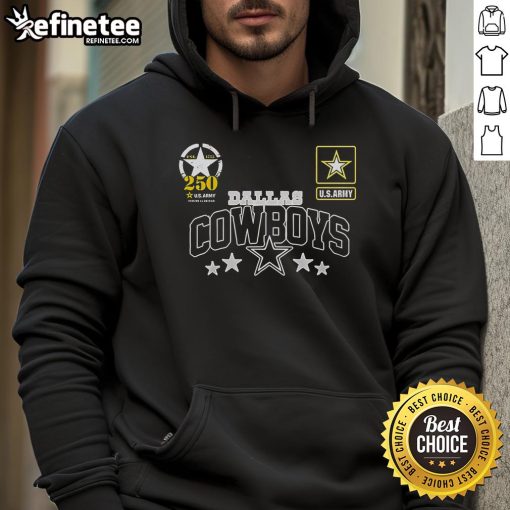 Official Dallas Cowboys US Army 250th Birthday Celebration Hoodie featuring team logo and patriotic design.