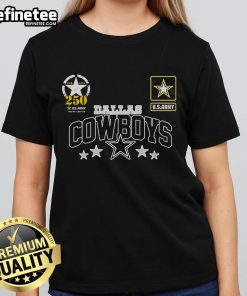 Official Dallas Cowboys US Army 250th Birthday Celebration ladies tee featuring unique design and team colors.