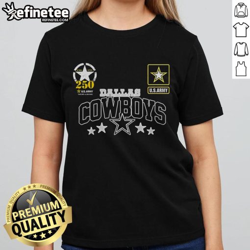 Official Dallas Cowboys US Army 250th Birthday Celebration ladies tee featuring unique design and team colors.