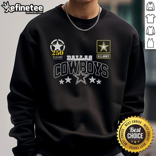 Alt Text: Official Dallas Cowboys US Army 250th Birthday Celebration Sweatshirt featuring team logo and patriotic design.