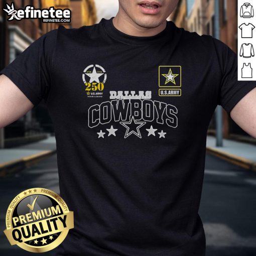 Official Dallas Cowboys US Army 250th Birthday Celebration T-Shirt featuring team logo and patriotic design.