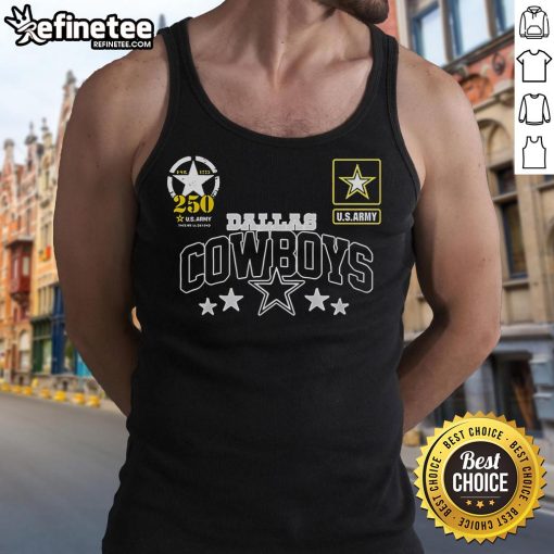 Official Dallas Cowboys US Army 250th Birthday Celebration tank top featuring team logo and patriotic design.