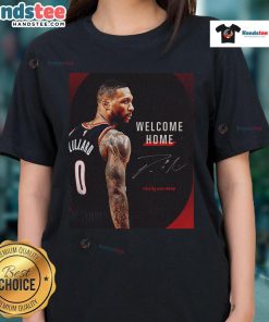 Alt Text: Official Damian Lillard Portland Trail Blazers welcome home signature ladies tee featuring vibrant team colors and design.