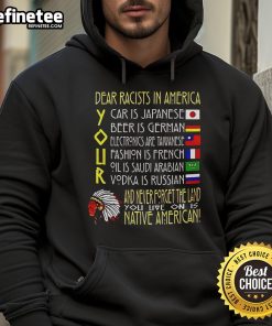 Official Dear Racists in America Hoodie featuring bold text on a black background, promoting anti-racism message.
