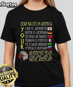 Official Dear Racists in America Ladies Tee featuring bold text design, perfect for promoting equality and social justice.
