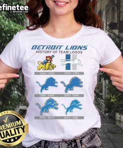 Official Detroit Lions History of Team Logos Ladies Tee featuring iconic logos on a stylish women's shirt.