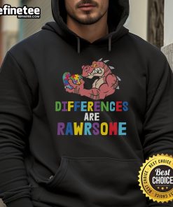 Alt Text: Official Differences Are Rawrsome Dinosaur Autism Awareness Hoodie featuring colorful dinosaur graphics.