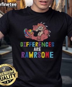 Alt Text: Official Differences Are Rawrsome Dinosaur Autism Awareness T-Shirt featuring a colorful dino design for autism support.