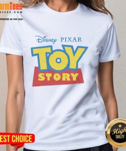 Alt Text: Official Disney Pixar Toy Story logo on a stylish ladies tee, perfect for fans of the beloved animated film.