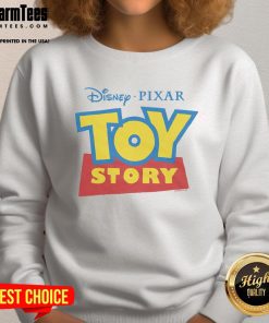 Alt Text: Official Disney Pixar Toy Story logo sweatshirt featuring vibrant graphics of beloved characters and iconic branding.