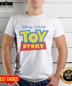 Alt Text: Official Disney Pixar Toy Story logo t-shirt featuring vibrant colors and iconic character designs for fans.
