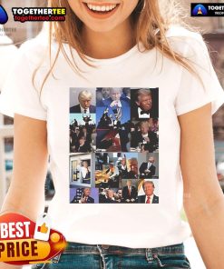 Official Donald Trump meme collage on a ladies tee, featuring iconic quotes and images for a fun, trendy look.