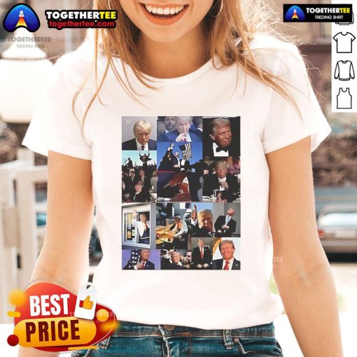 Official Donald Trump meme collage on a ladies tee, featuring iconic quotes and images for a fun, trendy look.