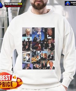 Alt Text: Official Donald Trump meme collage sweatshirt featuring iconic Trump memes and vibrant colors for political humor.