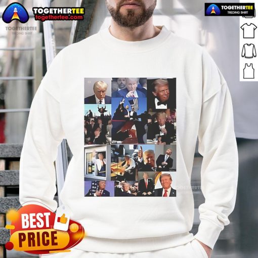 Alt Text: Official Donald Trump meme collage sweatshirt featuring iconic Trump memes and vibrant colors for political humor.