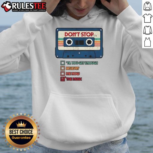 Retro vintage hoodie featuring the Official Don't Stop The Music cassette tape design, perfect for music lovers.