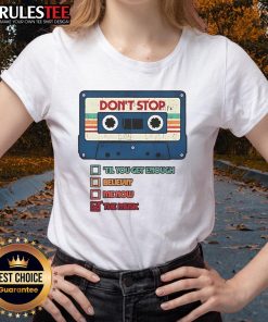 Alt Text: Retro vintage ladies tee featuring the official Don't Stop The Music cassette tape design for music lovers.