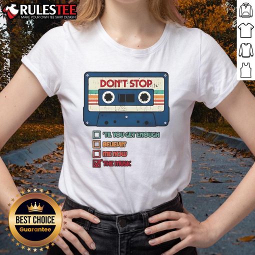 Alt Text: Retro vintage ladies tee featuring the official Don't Stop The Music cassette tape design for music lovers.
