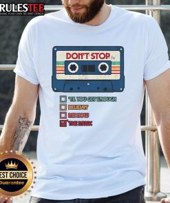 Official Don't Stop The Music cassette tape retro vintage T-shirt featuring classic 80s design and vibrant colors.