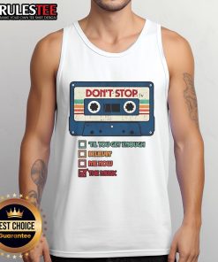 Official Don't Stop The Music cassette tape graphic on a retro vintage tank top, perfect for music lovers and nostalgia fans.