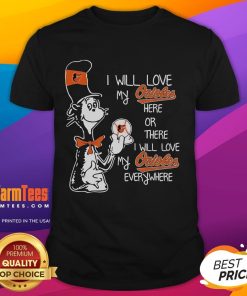 Alt Text: Official Dr. Seuss I Will Love My Baltimore Orioles T-Shirt featuring playful design and vibrant colors for fans.
