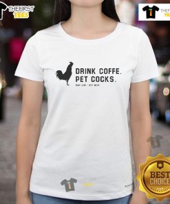 Key West ladies tee featuring 'Official Drink Coffee Pet Cocks Wine' design, perfect for coffee and wine lovers.